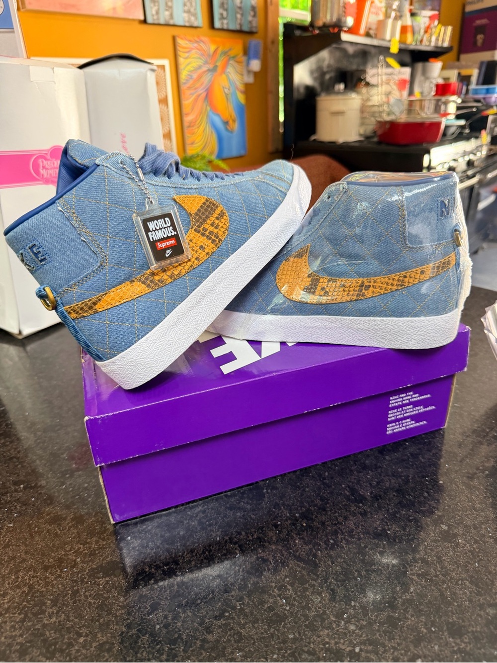 Supreme Nike Denim High-Top Sneakers with Gold Swoosh